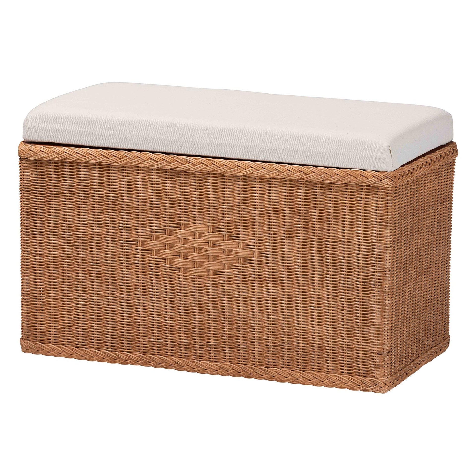 Braided Natural Rattan Storage Bench with Cushioned Lift-Top Lid - Coastal Boho Style Chest for Bedroom, Entryway, or Living Room Organization, 31" Rectangle, Brown