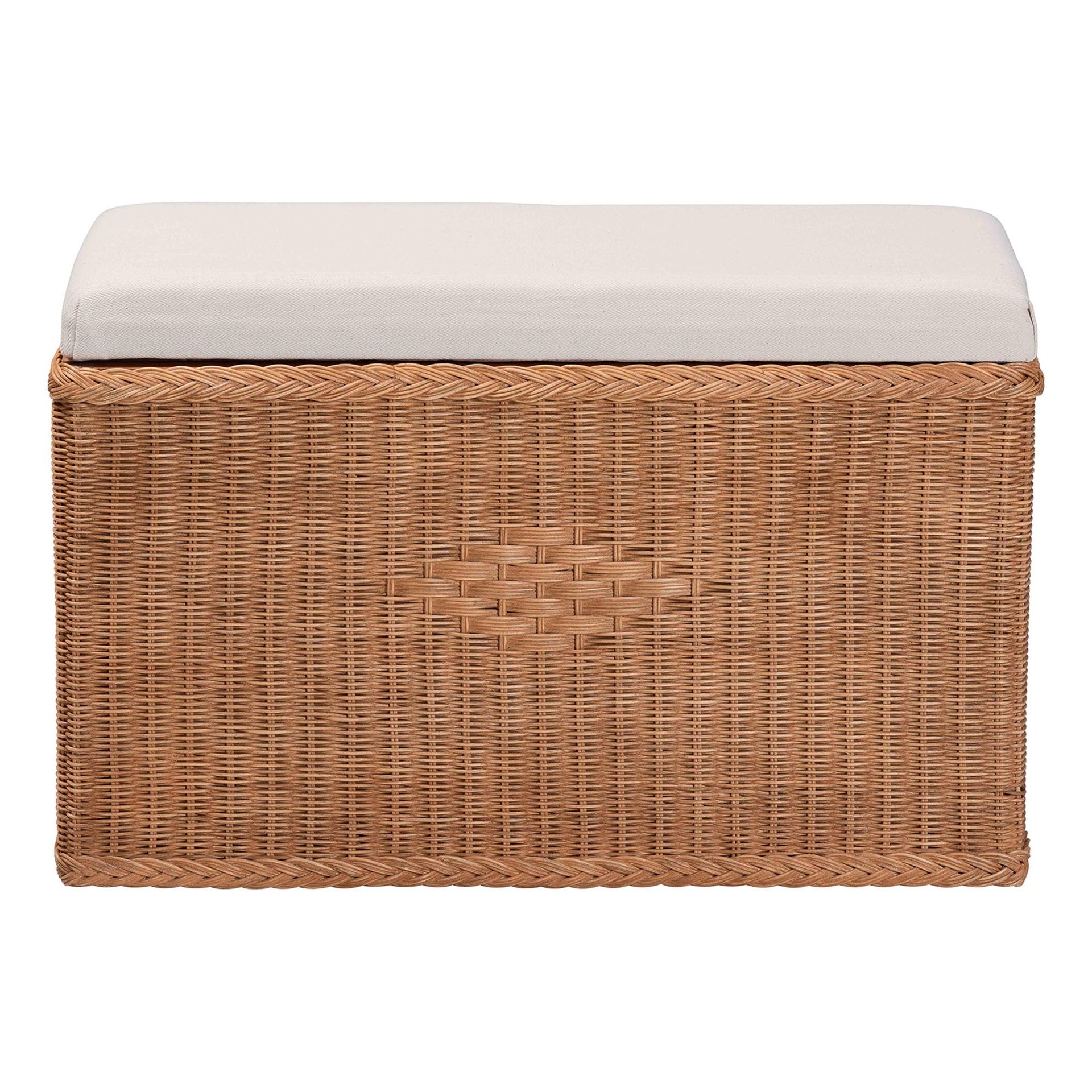 Braided Natural Rattan Storage Bench with Cushioned Lift-Top Lid - Coastal Boho Style Chest for Bedroom, Entryway, or Living Room Organization, 31" Rectangle, Brown