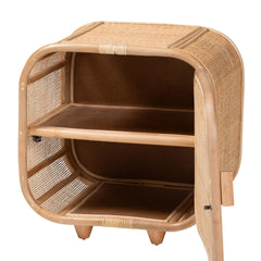 Bohemian Natural Rattan and Mahogany Wood Nightstand