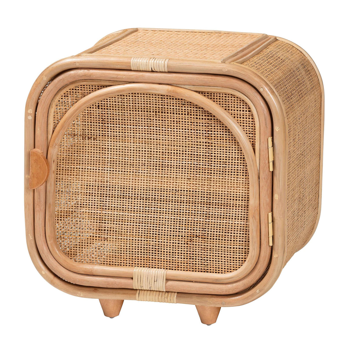 Bohemian Natural Rattan and Mahogany Wood Nightstand