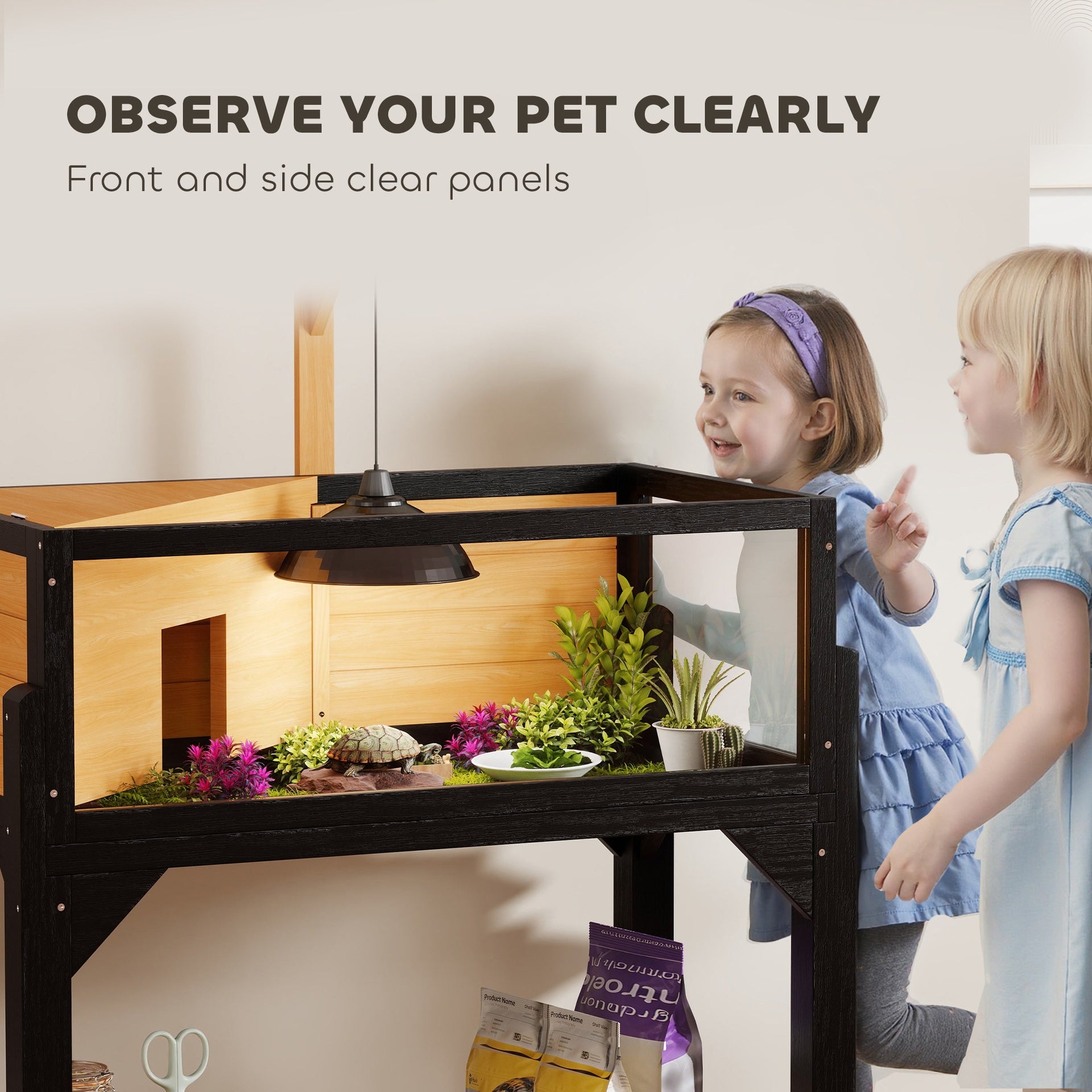 Wooden Tortoise Habitat with Storage Shelf, Tortoise Enclosure with Clear Windows, Openable Top, Lamp Holder, Yellow