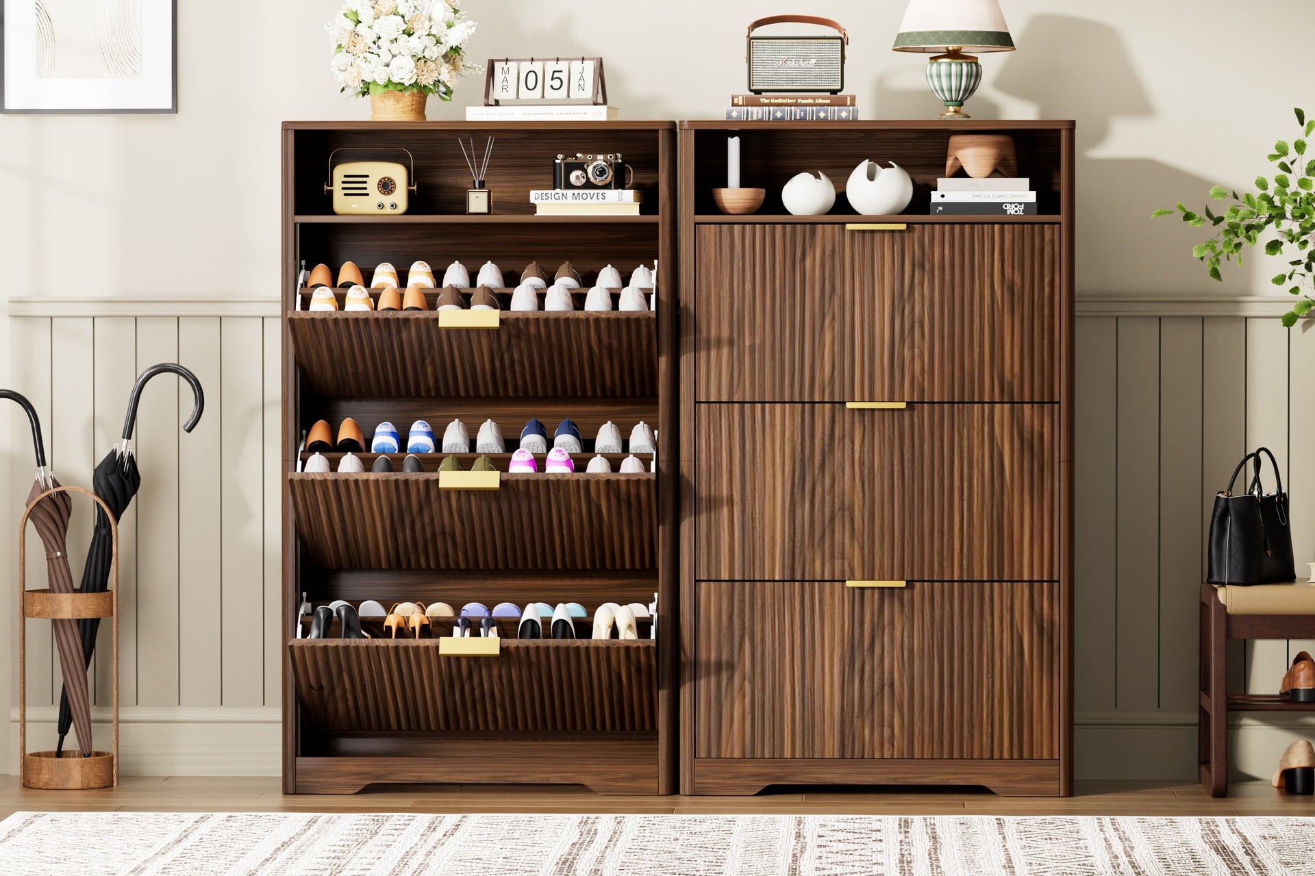 Shoe Cabinet Storage for Entryway Hidden Shoes Storage Cabinet with 3 Flip Drawers, Tall Free Standing Shoe Organizer Rack for Foyer, Hallway. Walnut ,31.6'' L x 9.6'' W x 54.4'' H.