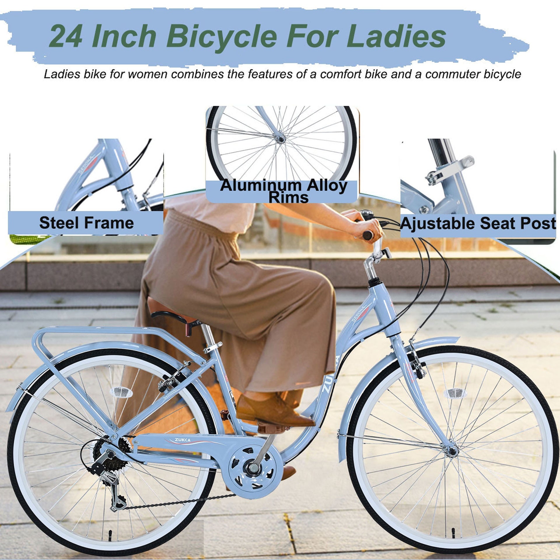 7 Speed, Steel Frame, Multiple Colors 24 Inch Ladies Bicycle