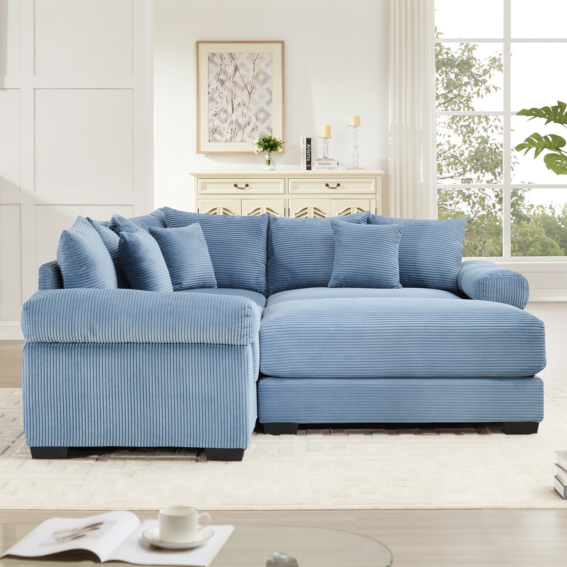 Oversized Cloud Modular Sectional Couch, Convertible Sectional Couches , Extra-Thick Armrests With An Ottoman,Soft Corduroy Fabric, Ergonomic Design, Easy Assembly,For Living Rooms Reading Rooms,Blue
