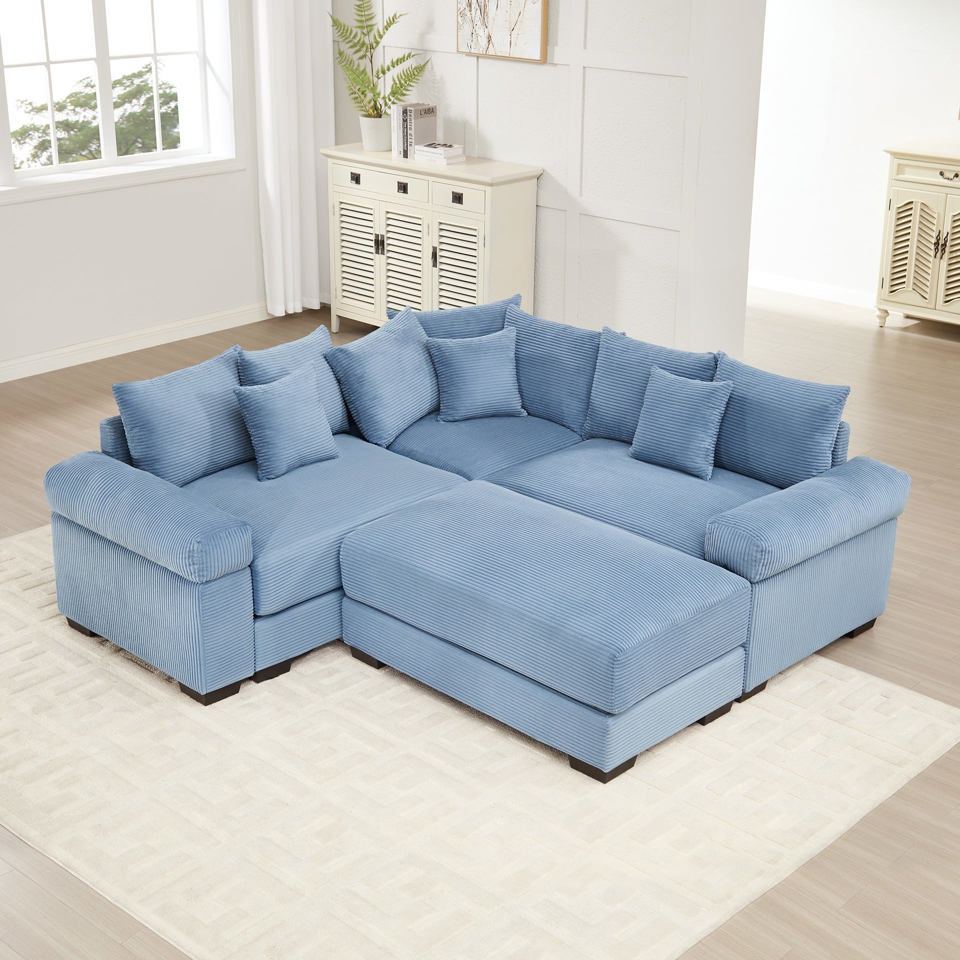 Oversized Cloud Modular Sectional Couch, Convertible Sectional Couches , Extra-Thick Armrests With An Ottoman,Soft Corduroy Fabric, Ergonomic Design, Easy Assembly,For Living Rooms Reading Rooms,Blue
