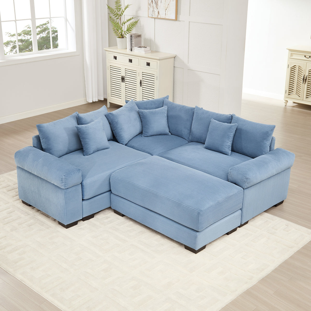 Oversized Cloud Modular Sectional Couch, Convertible Sectional Couches , Extra-Thick Armrests With An Ottoman,Soft Corduroy Fabric, Ergonomic Design, Easy Assembly,For Living Rooms Reading Rooms,Blue
