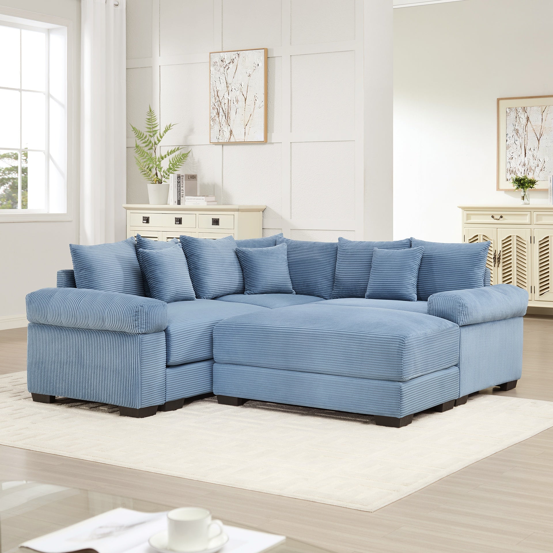 Oversized Cloud Modular Sectional Couch, Convertible Sectional Couches , Extra-Thick Armrests With An Ottoman,Soft Corduroy Fabric, Ergonomic Design, Easy Assembly,For Living Rooms Reading Rooms,Blue