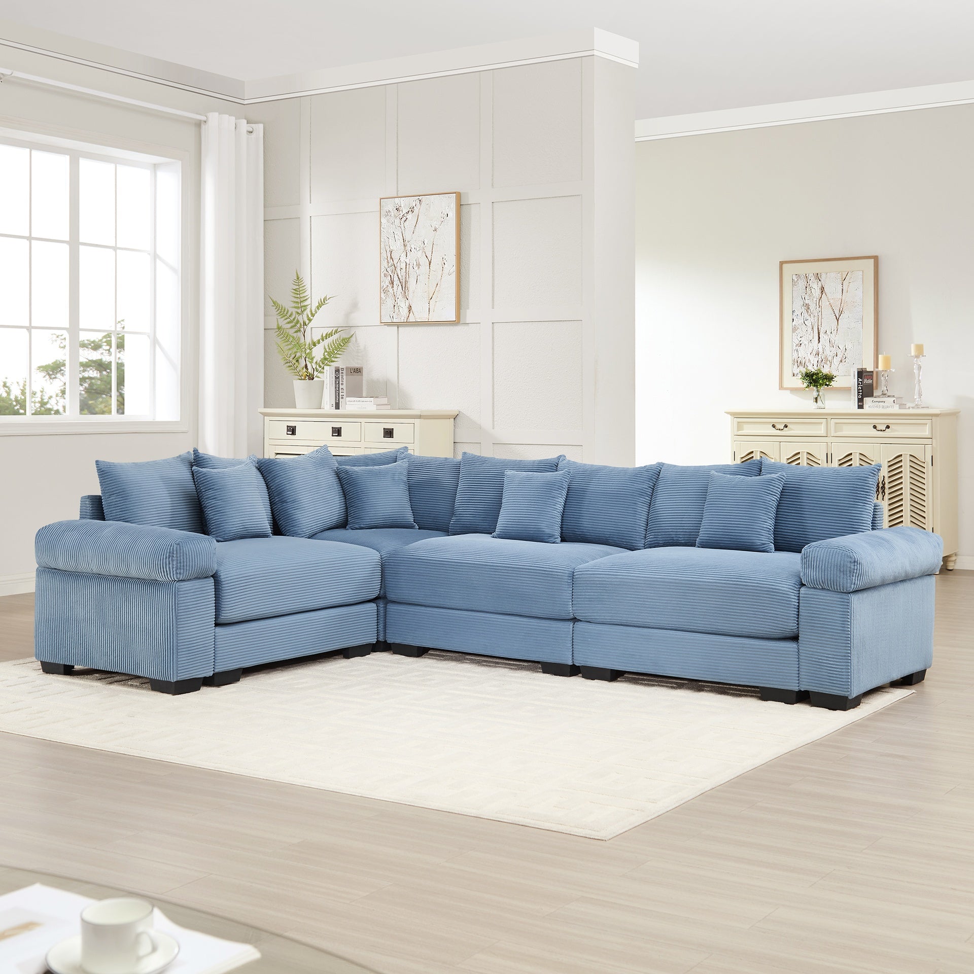 Oversized Cloud Modular Sectional Couch,Convertible Sectional Couches Deep Seat Extra-Wide Armrests, 13Throw Pillows Premium Corduroy Fabric, Ergonomic Design,Easy Assembly, For Living Rooms,Blue