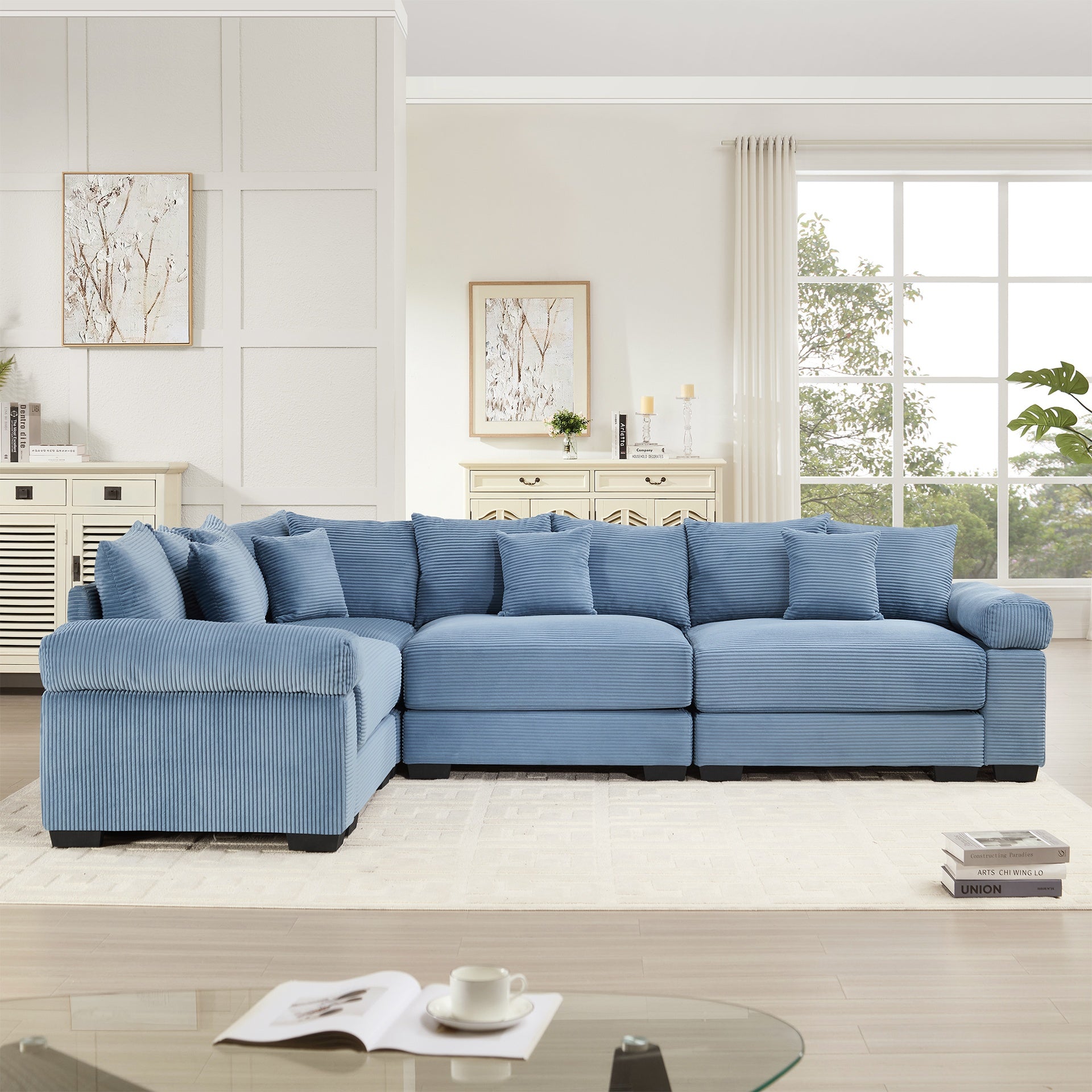 Oversized Cloud Modular Sectional Couch,Convertible Sectional Couches Deep Seat Extra-Wide Armrests, 13Throw Pillows Premium Corduroy Fabric, Ergonomic Design,Easy Assembly, For Living Rooms,Blue