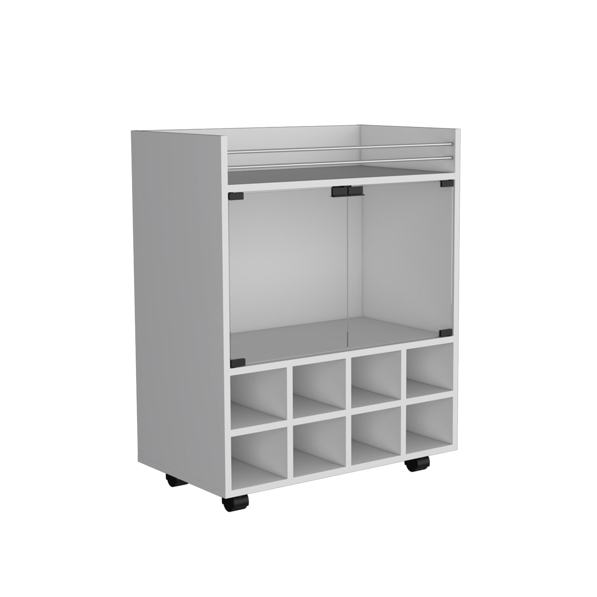 St Andrews Bar Cart with Built-In 8-Bottle Rack, Double Glass Door Cabinet, and Aluminum-Edged Top Surface