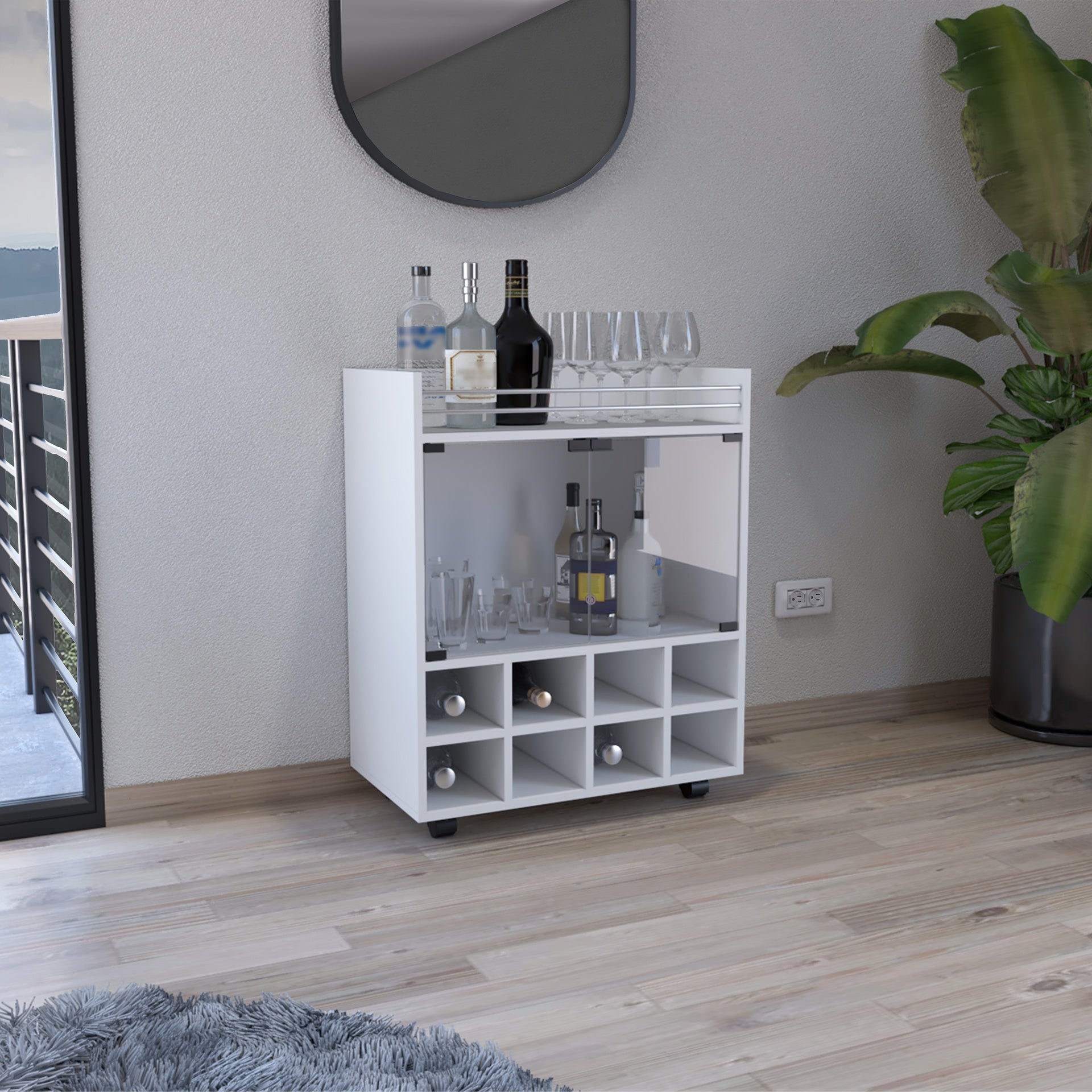 St Andrews Bar Cart with Built-In 8-Bottle Rack, Double Glass Door Cabinet, and Aluminum-Edged Top Surface