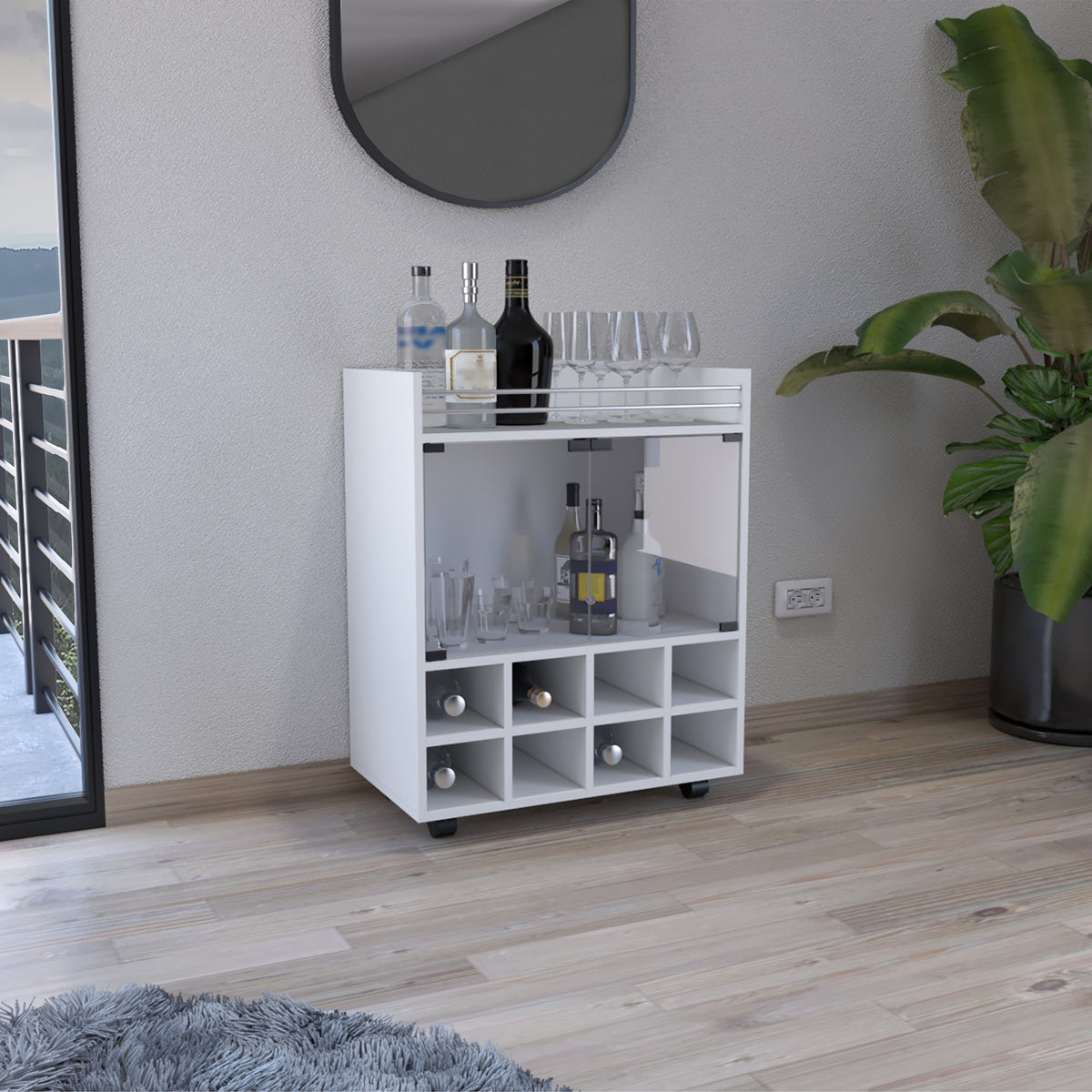 St Andrews Bar Cart with Built-In 8-Bottle Rack, Double Glass Door Cabinet, and Aluminum-Edged Top Surface