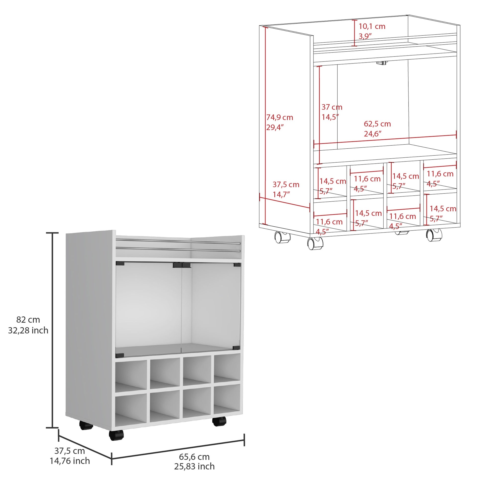 St Andrews Bar Cart with Built-In 8-Bottle Rack, Double Glass Door Cabinet, and Aluminum-Edged Top Surface
