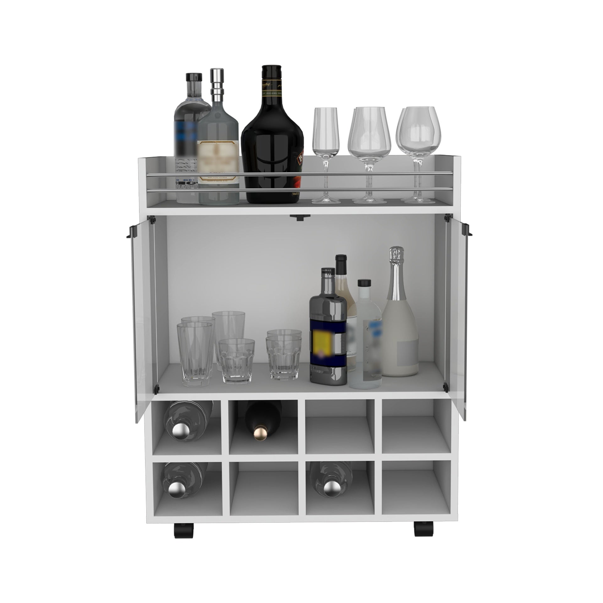 St Andrews Bar Cart with Built-In 8-Bottle Rack, Double Glass Door Cabinet, and Aluminum-Edged Top Surface