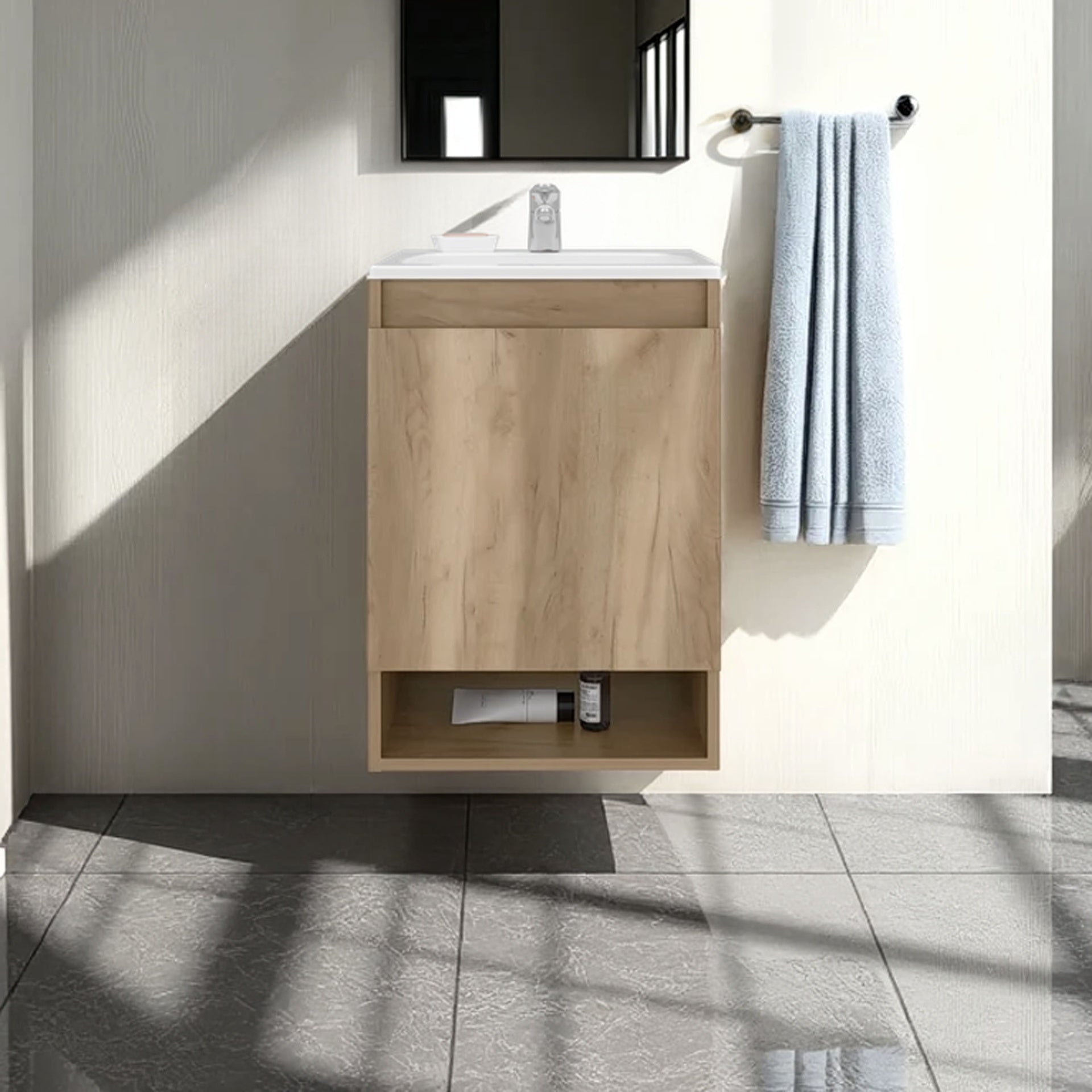 Nissi Floating, Wall-Mounted Vanity Bathroom Vanity With One Door Cabinet And Resin Sink Compact, Natural Oak