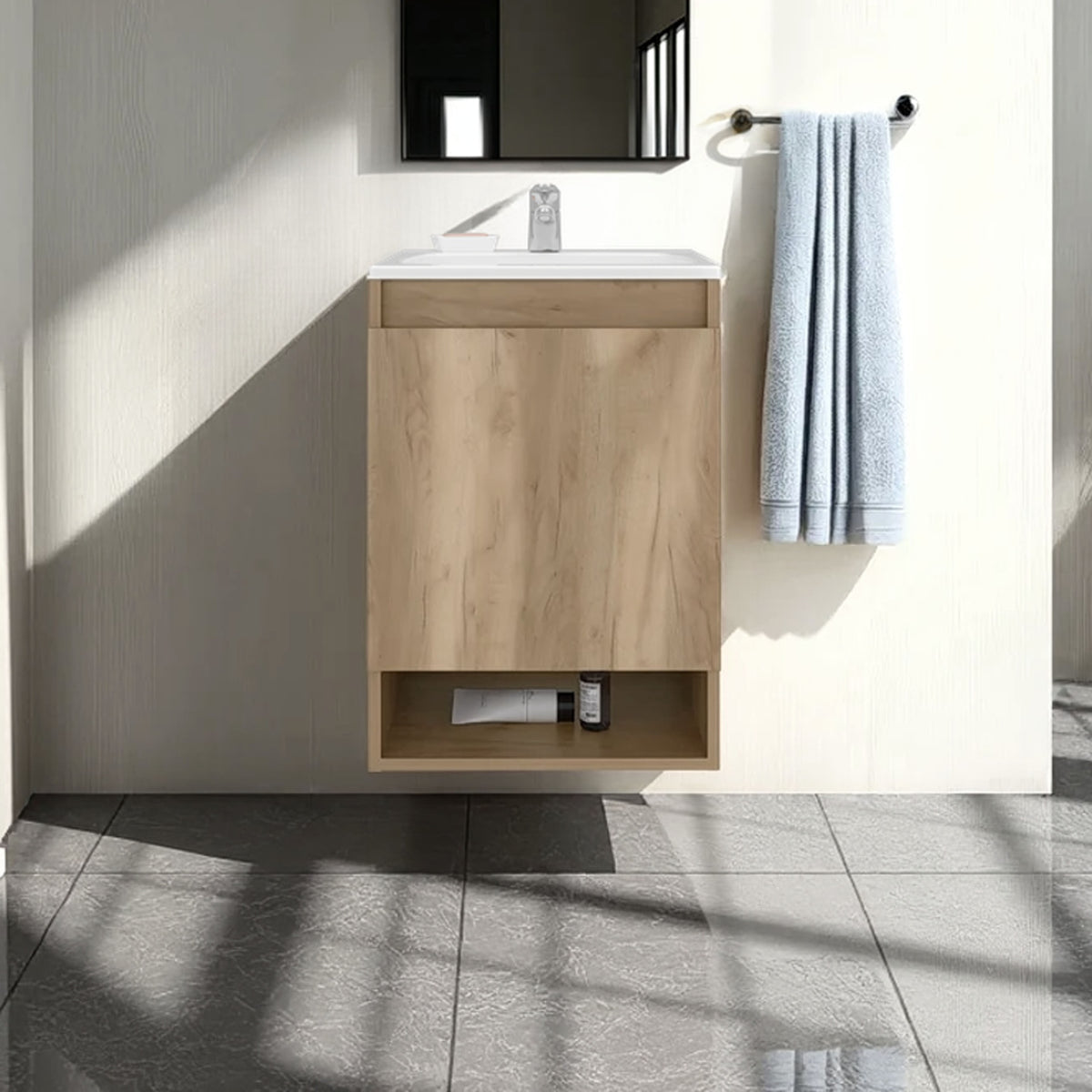 Nissi Floating, Wall-Mounted Vanity Bathroom Vanity With One Door Cabinet And Resin Sink Compact, Natural Oak