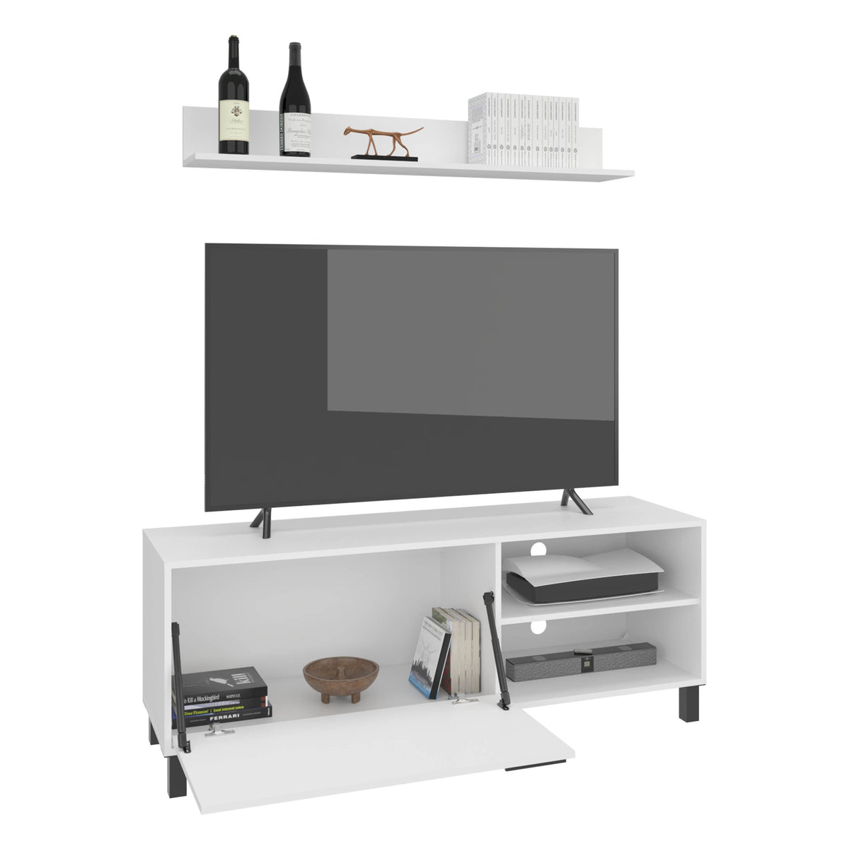 Bryce Tv Stand Two Doors, Open Shelves And Spacious Top Surface, Modern Entertainment Unit, White