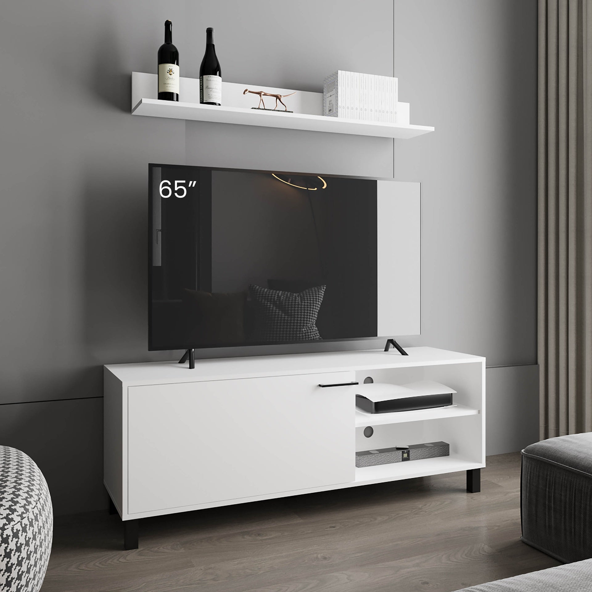 Bryce Tv Stand Two Doors, Open Shelves And Spacious Top Surface, Modern Entertainment Unit, White