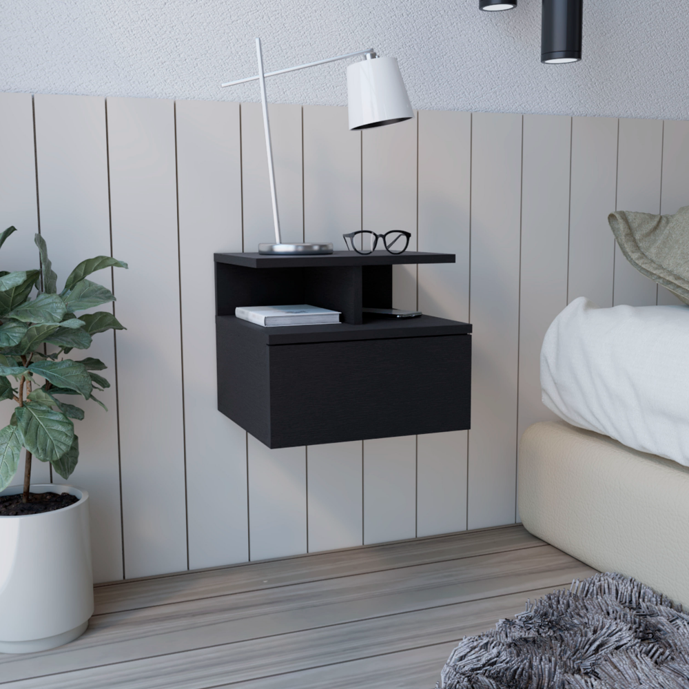 Adele Floating Nightstand , End Table, Side Table Drawer, Open Top Shelves -Black