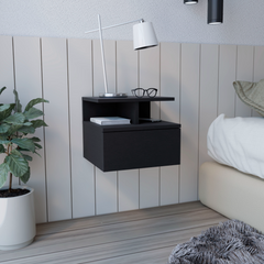 Adele Floating Nightstand , End Table, Side Table Drawer, Open Top Shelves -Black