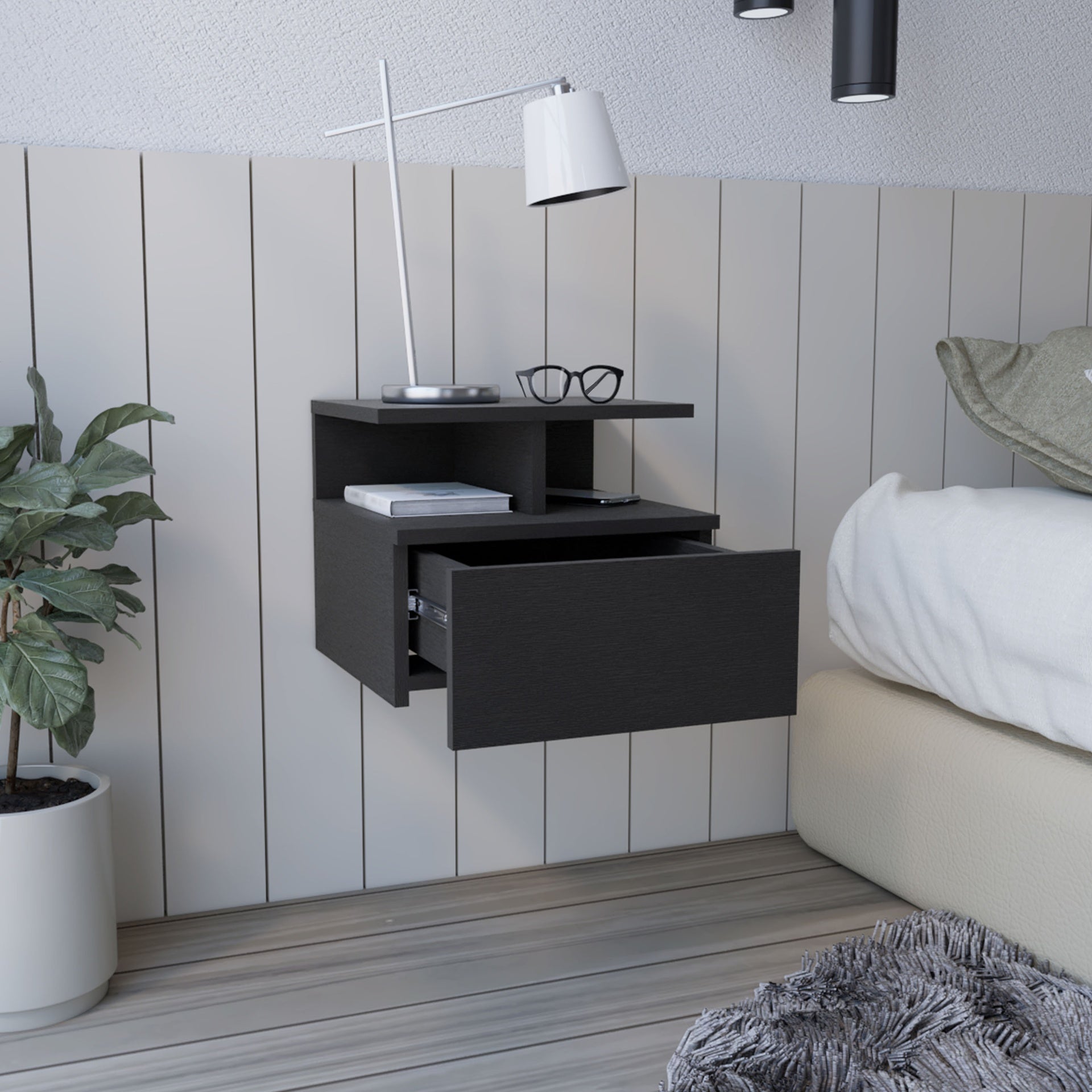 Adele Floating Nightstand , End Table, Side Table Drawer, Open Top Shelves -Black