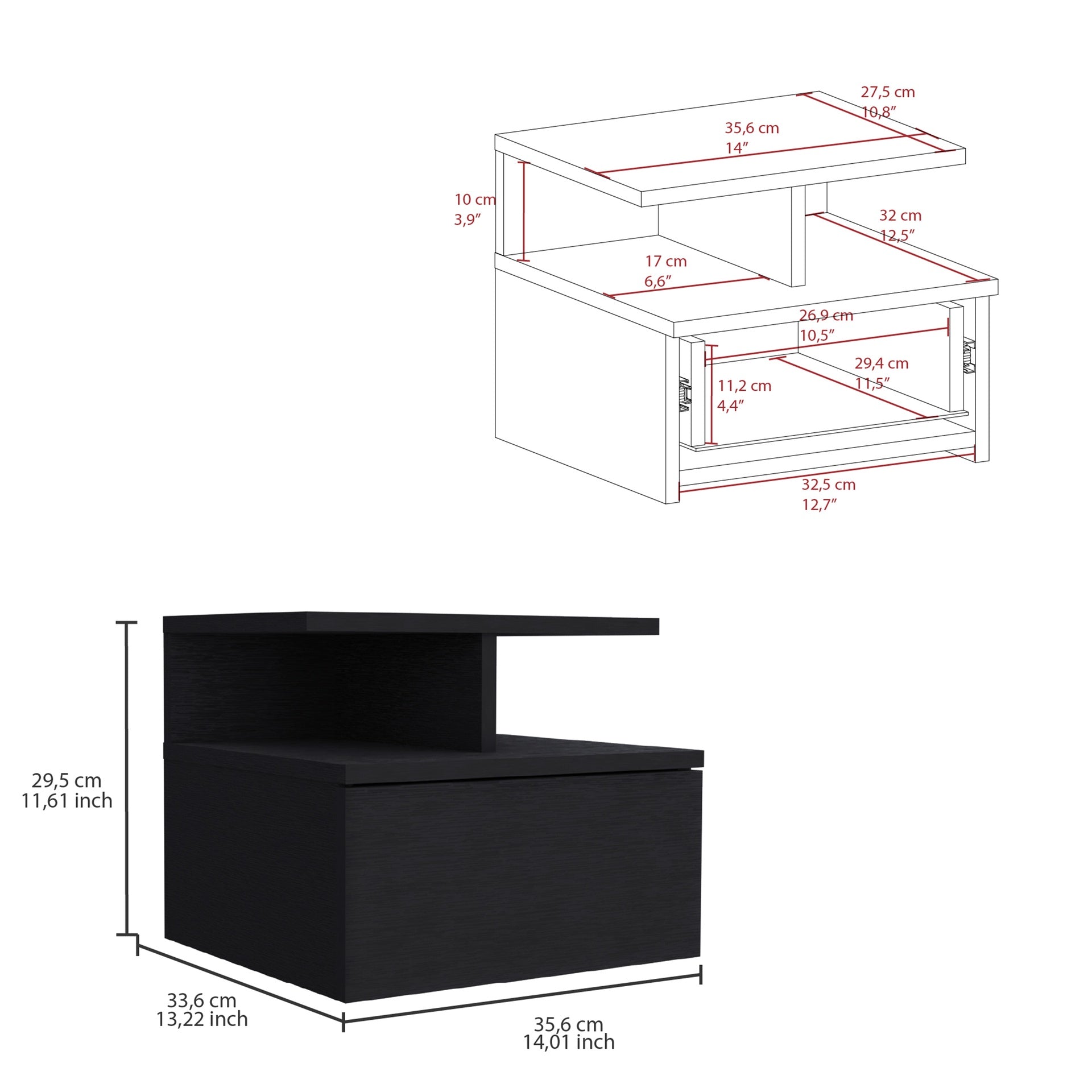 Adele Floating Nightstand , End Table, Side Table Drawer, Open Top Shelves -Black