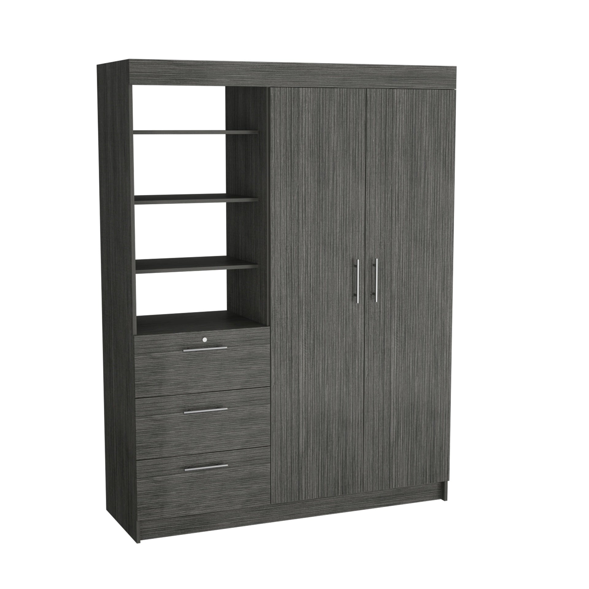 Kenya 3 Drawers Armoire, Double Door, 3-Tier Shelf Smokey Oak