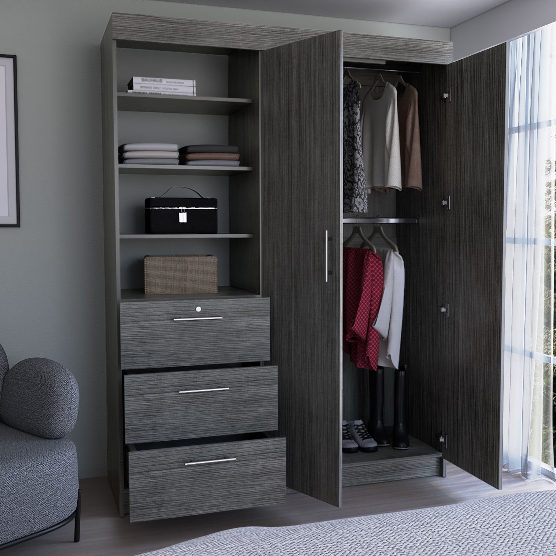 Kenya 3 Drawers Armoire, Double Door, 3-Tier Shelf Smokey Oak
