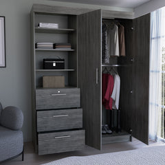 Kenya 3 Drawers Armoire, Double Door, 3-Tier Shelf Smokey Oak