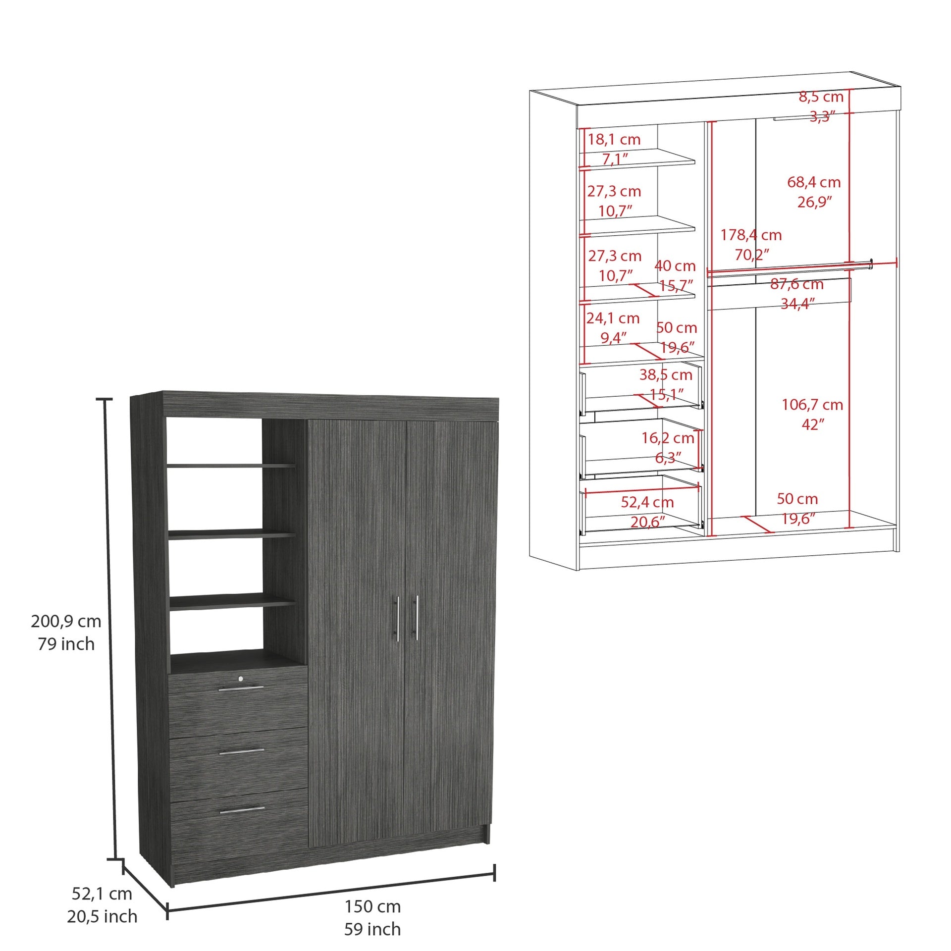 Kenya 3 Drawers Armoire, Double Door, 3-Tier Shelf Smokey Oak