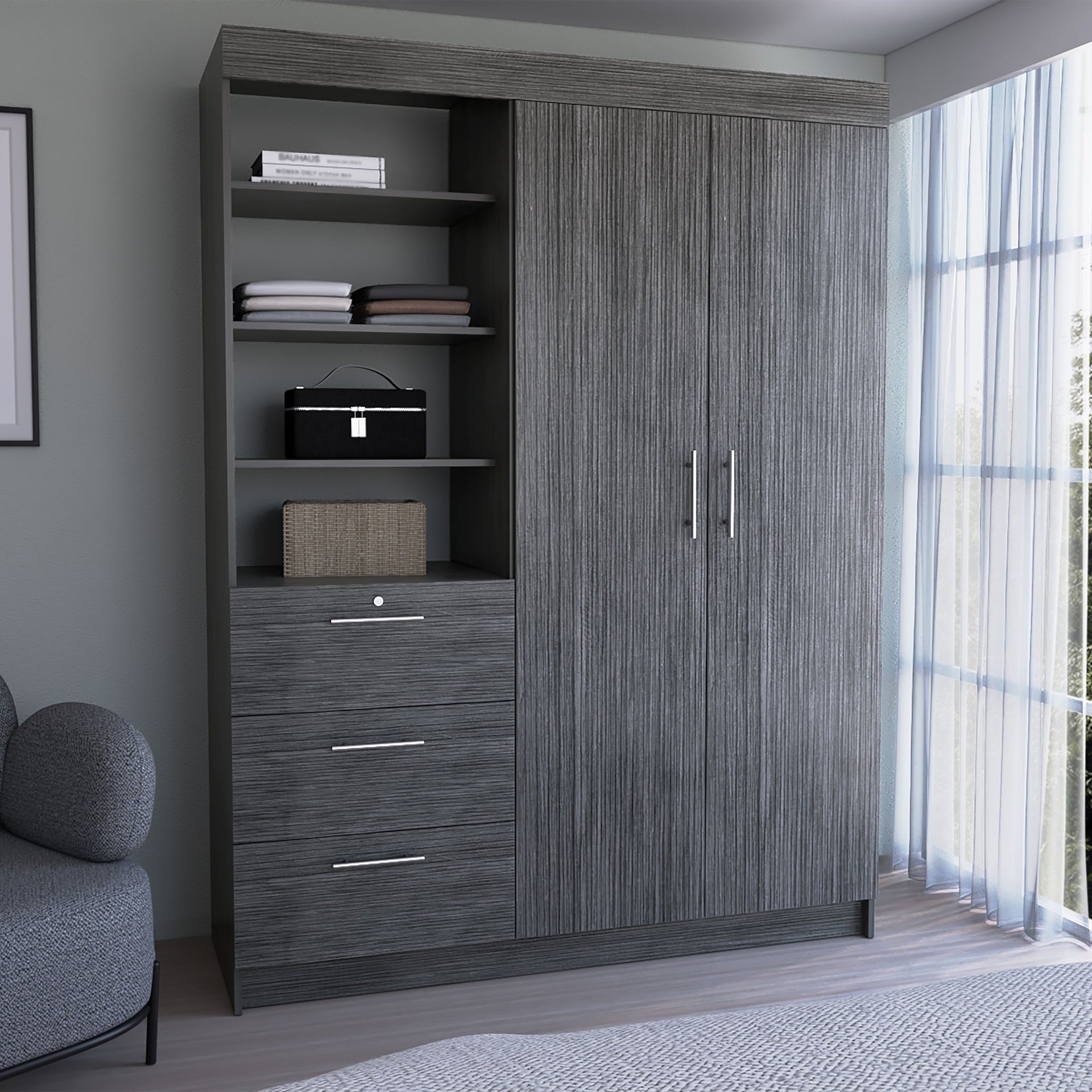Kenya 3 Drawers Armoire, Double Door, 3-Tier Shelf Smokey Oak