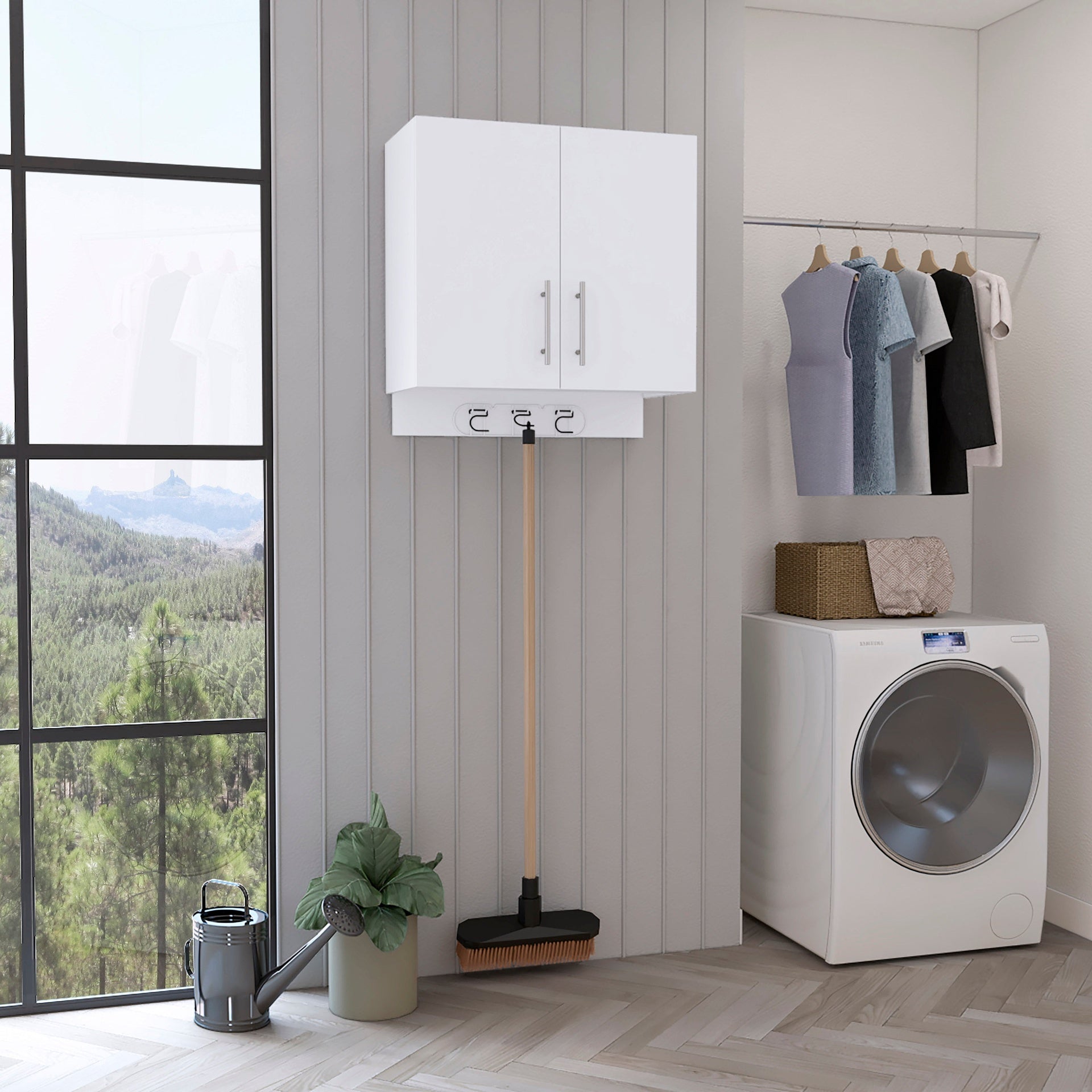 Kymo Wall Storage Cabinet, 2 Doors, Broom Hangers -White
