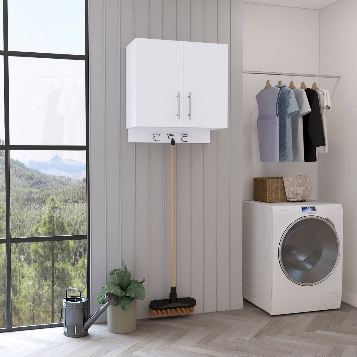 Kymo Wall Storage Cabinet, 2 Doors, Broom Hangers -White