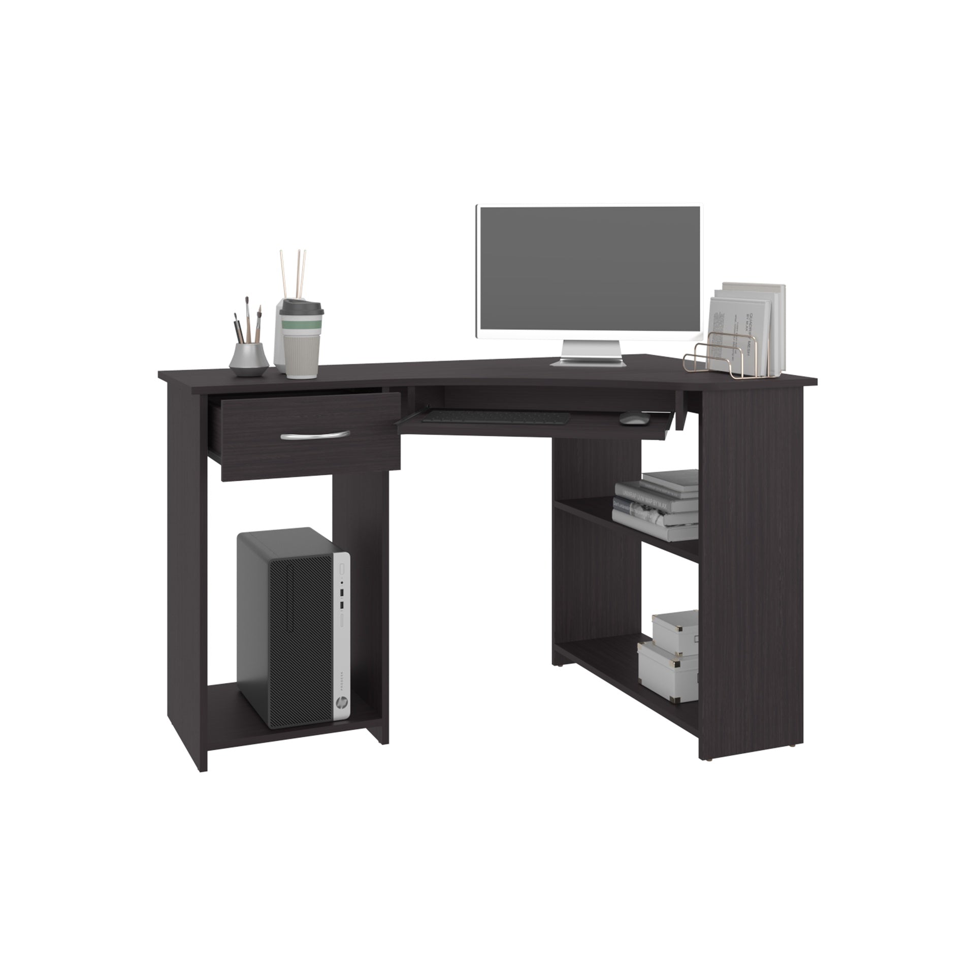 Jasper Corner Desk, Space-Saving L-Shaped Design With Two Side Shelves, Black and Dark Walnut