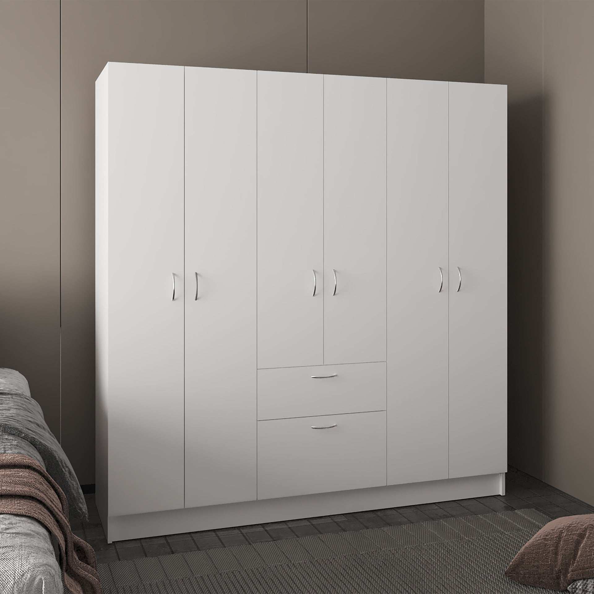 Mitu Six Doors Armoire, Seven Interior Shelves, One Drawer, Rod White