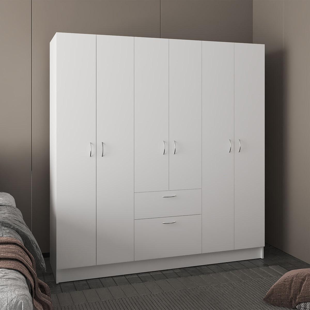 Mitu Six Doors Armoire, Seven Interior Shelves, One Drawer, Rod White