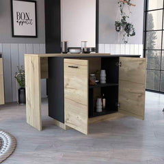Sicilia Kitchen Island, Two  External Shelves, Double Door Cabinets, Three Shelves -Black / Light Oak
