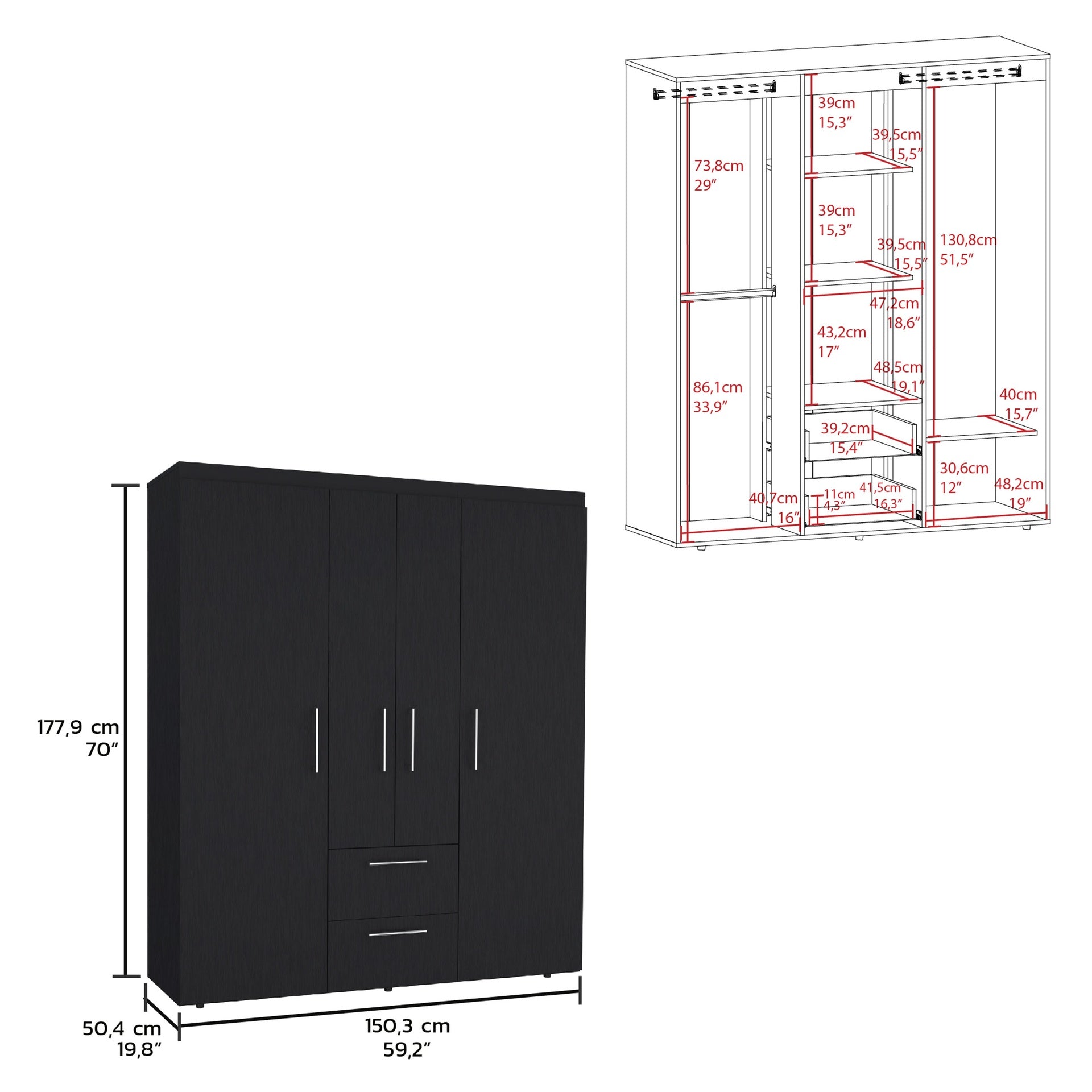 Bariloche Wardrobe, Multi-Section Storage with Hanging Rods, Shelves, and 2 Drawers Black