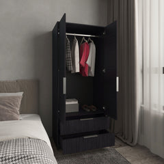 Wenden Armoire Double Doors, Two Drawes, Hanging Rod An Interior Shleves, Wardrobe, Black