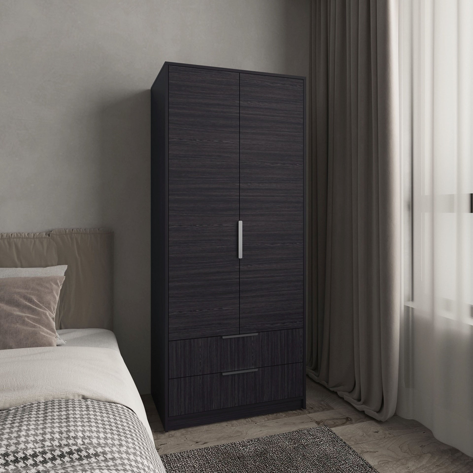 Wenden Armoire Double Doors, Two Drawes, Hanging Rod An Interior Shleves, Wardrobe, Black