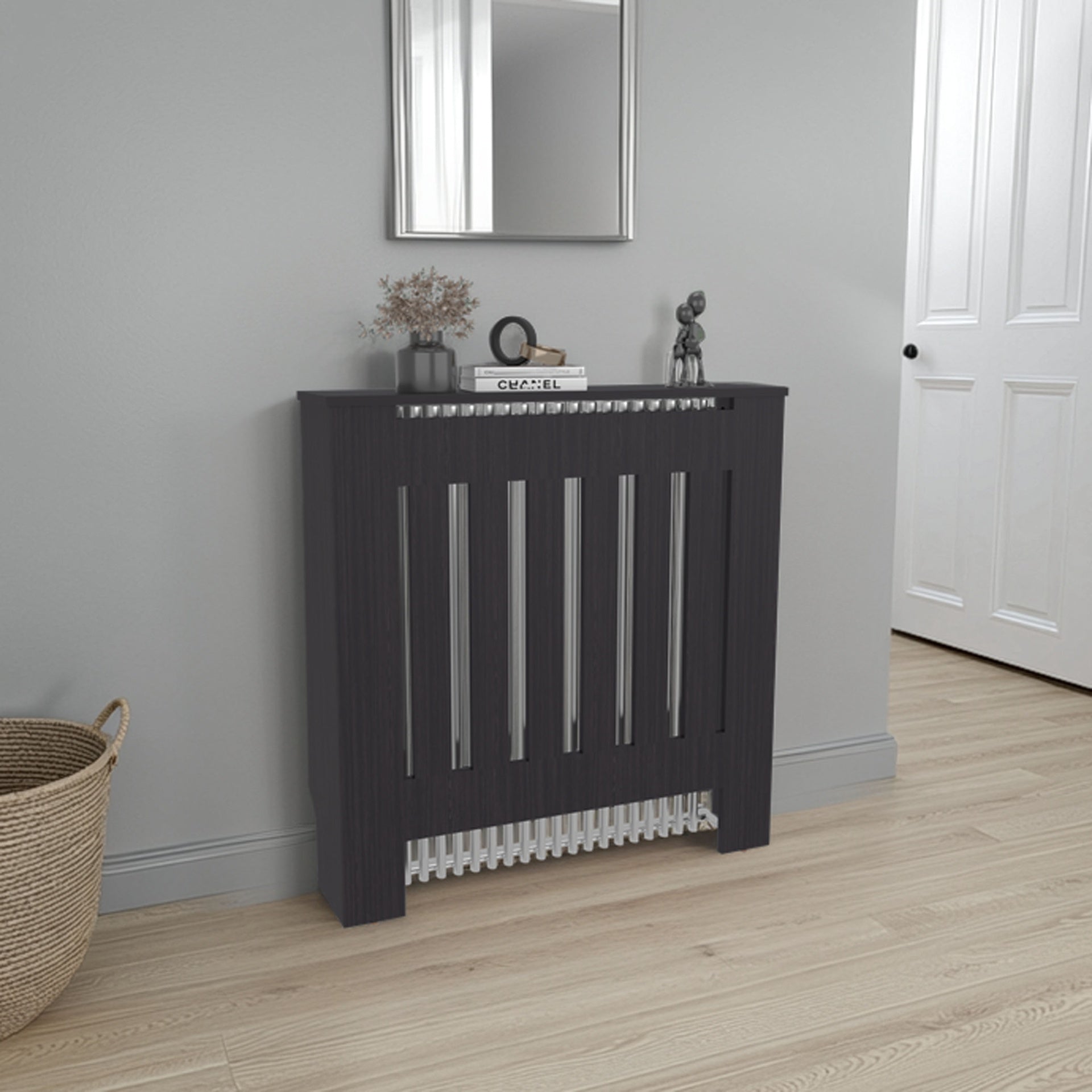 Radiator Cover Cabinet with Slatted Panel, Modern Home Furniture for Heating Units, Ventilated Decorative Enclosure, Black