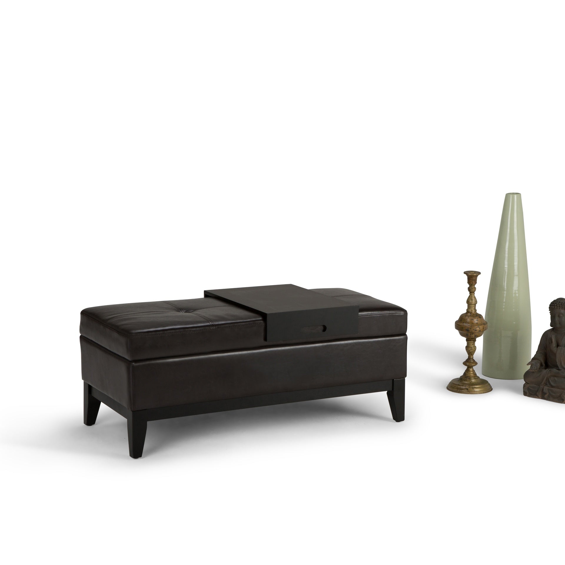 Oregon 42 inch Wide Storage Ottoman Bench with Tray in Tanners Brown Vegan Leather