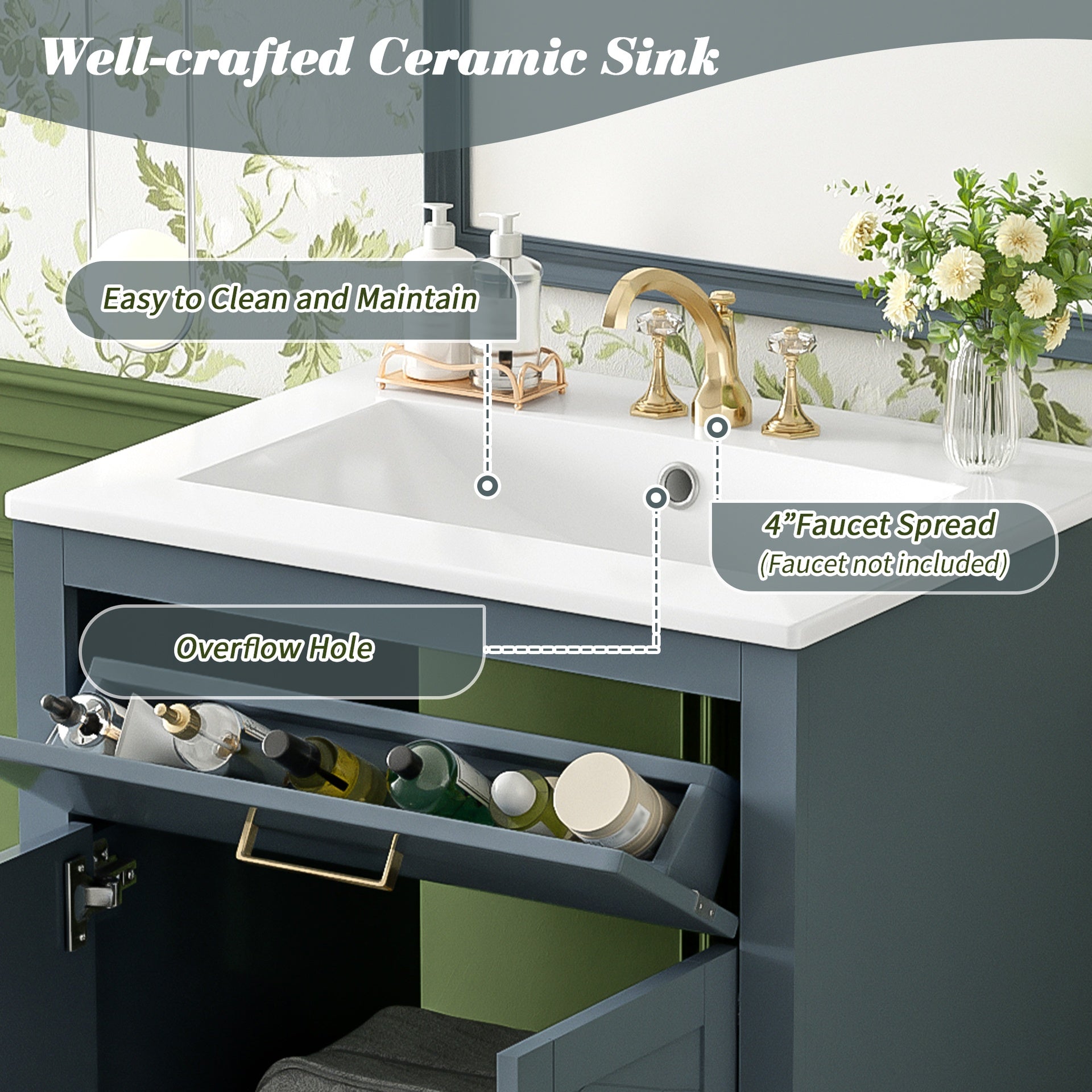 24" Bathroom Vanity with Integrated Ceramic Sink, Bathroom Cabinet with 2 Doors, 1 Tip-out Drawer, Single Sink Bathroom Vanity for Small and Medium Restroom, Blue