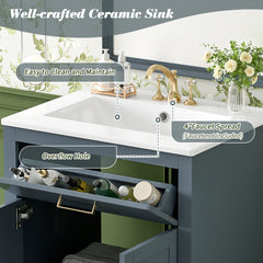 24" Bathroom Vanity with Integrated Ceramic Sink, Bathroom Cabinet with 2 Doors, 1 Tip-out Drawer, Single Sink Bathroom Vanity for Small and Medium Restroom, Blue