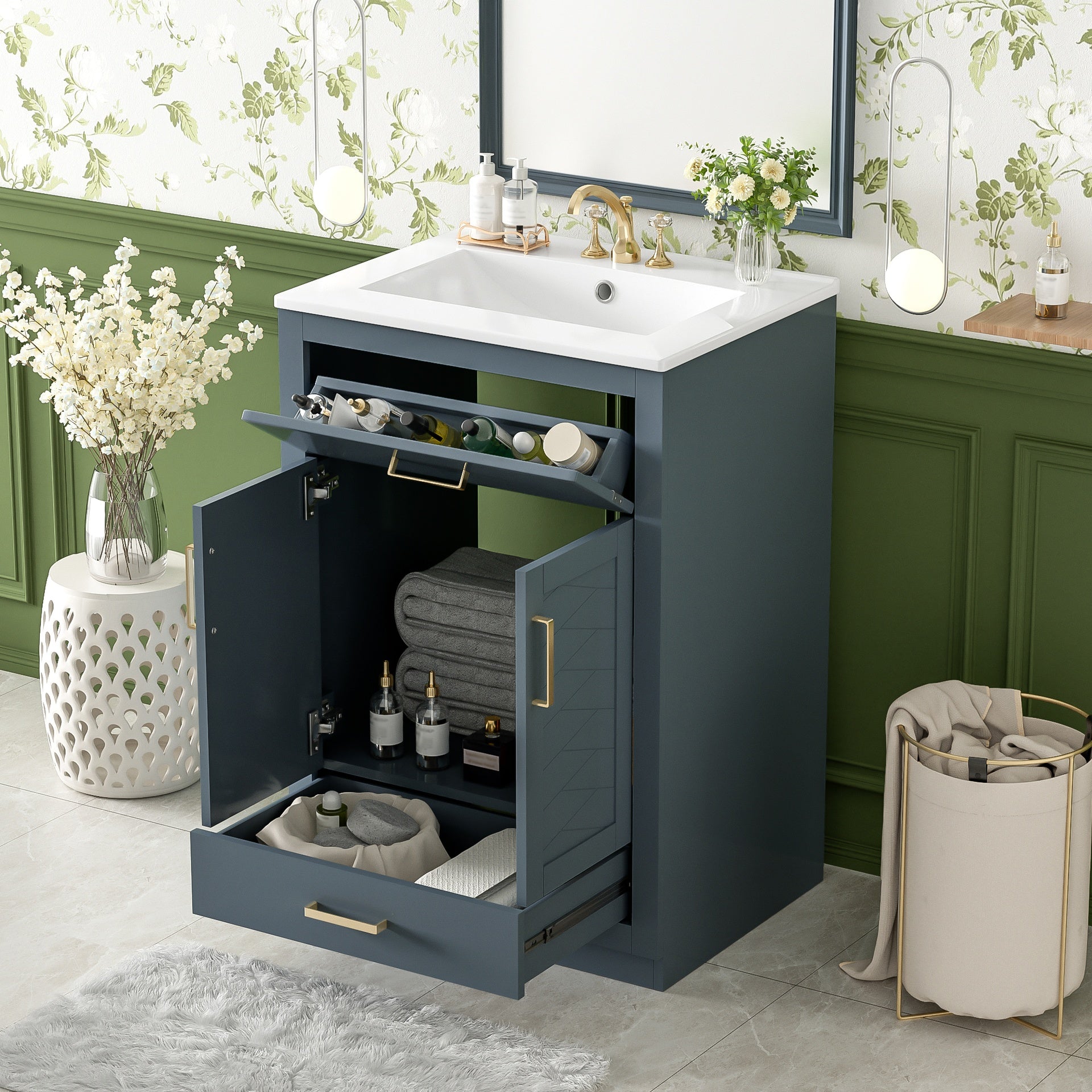 24" Bathroom Vanity with Integrated Ceramic Sink, Bathroom Cabinet with 2 Doors, 1 Tip-out Drawer, Single Sink Bathroom Vanity for Small and Medium Restroom, Blue
