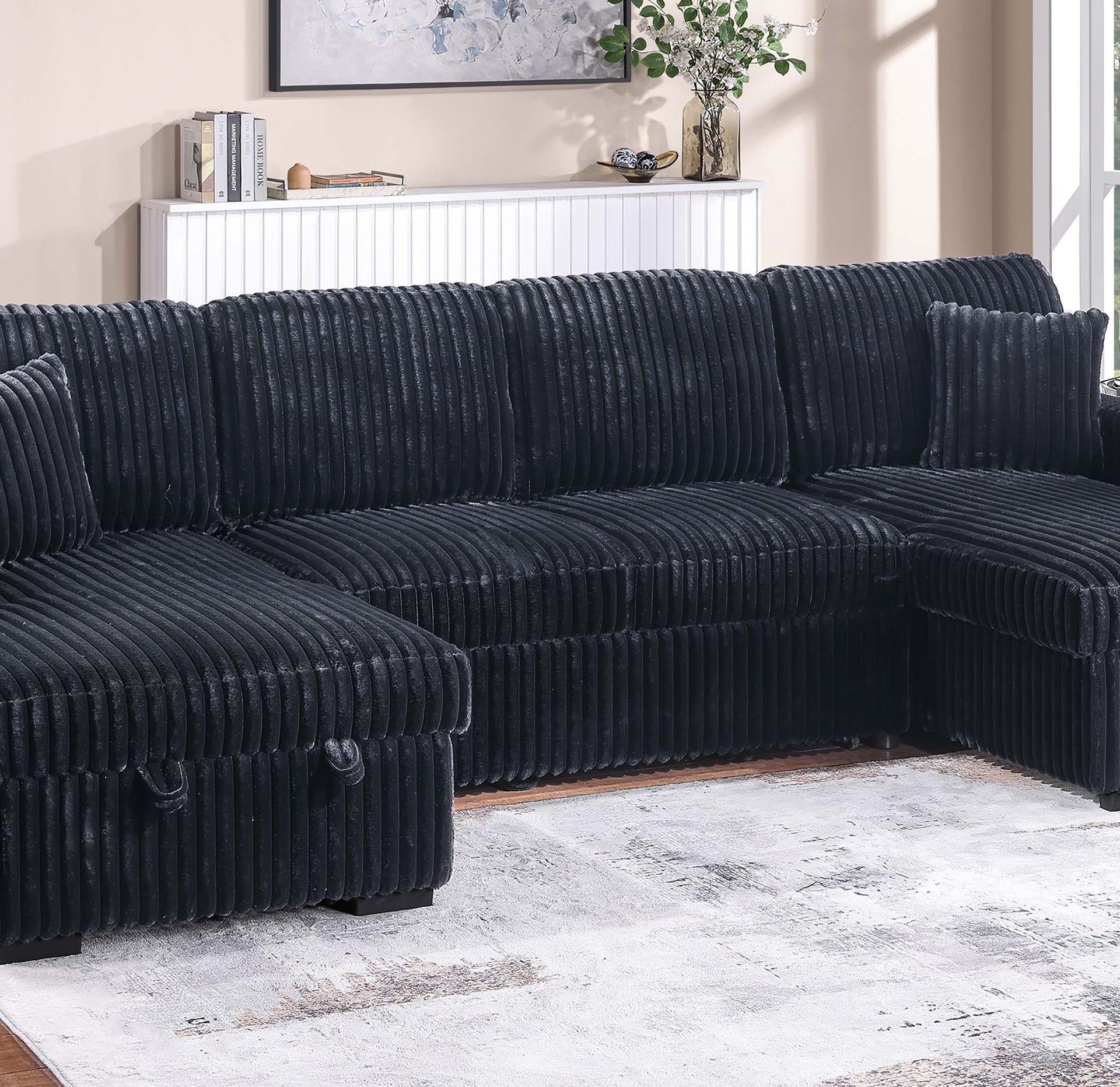 Modern Style Convertible Sectional 3pc Corduroy Fabric Upholstered Sleeper Sofa Two Storage Chaises Black Finish Primary Living Room