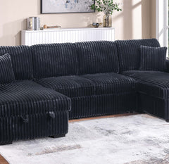 Modern Style Convertible Sectional 3pc Corduroy Fabric Upholstered Sleeper Sofa Two Storage Chaises Black Finish Primary Living Room