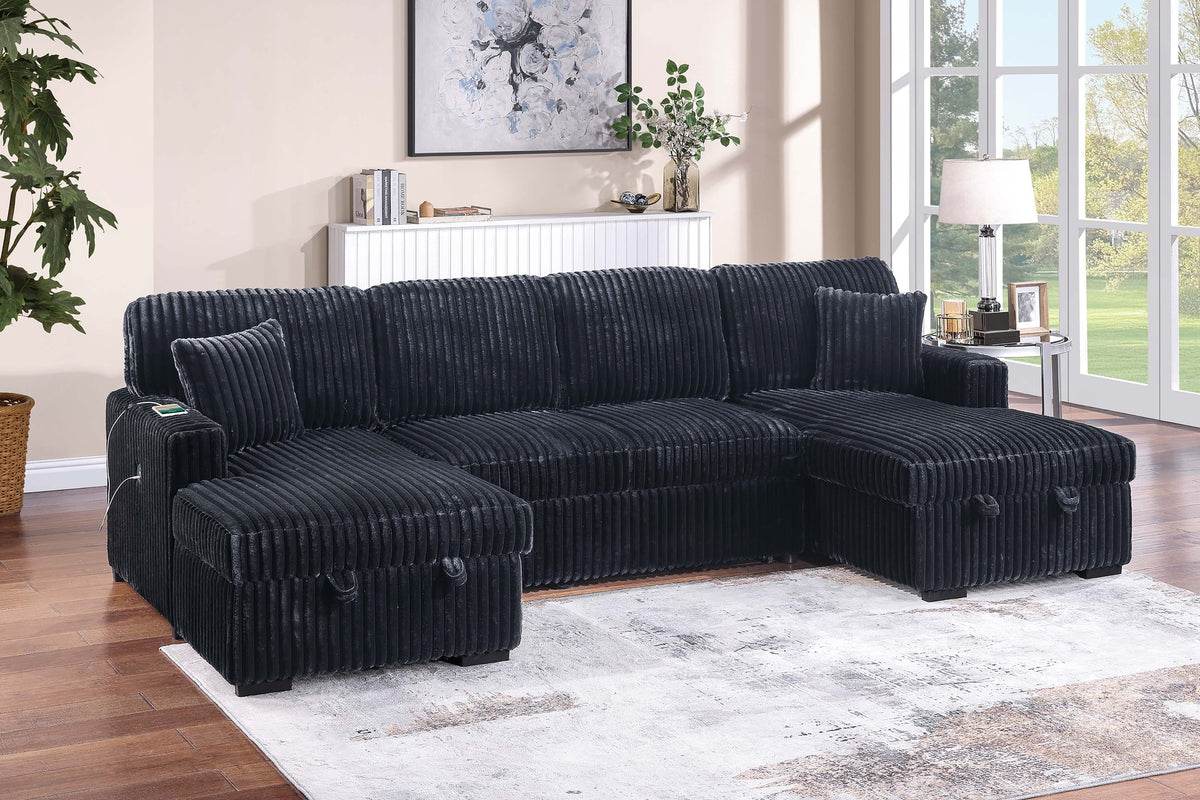 Modern Style Convertible Sectional 3pc Corduroy Fabric Upholstered Sleeper Sofa Two Storage Chaises Black Finish Primary Living Room