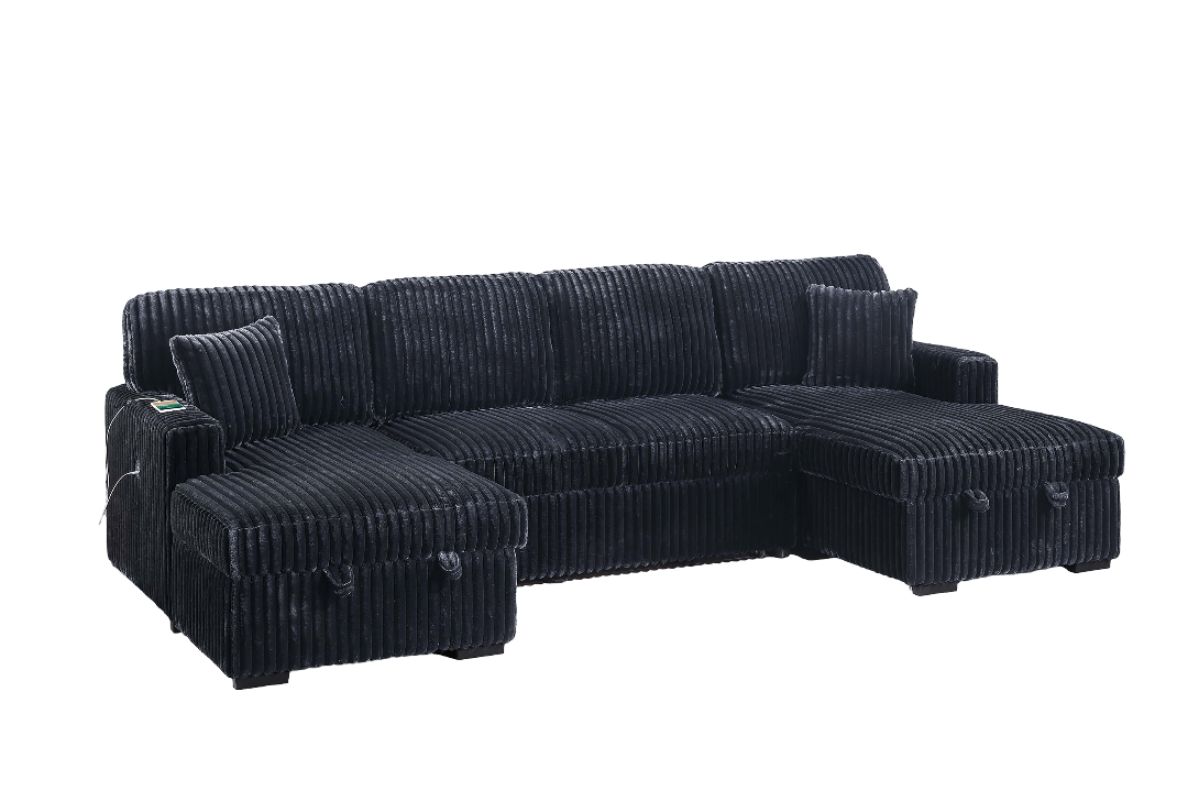 Modern Style Convertible Sectional 3pc Corduroy Fabric Upholstered Sleeper Sofa Two Storage Chaises Black Finish Primary Living Room