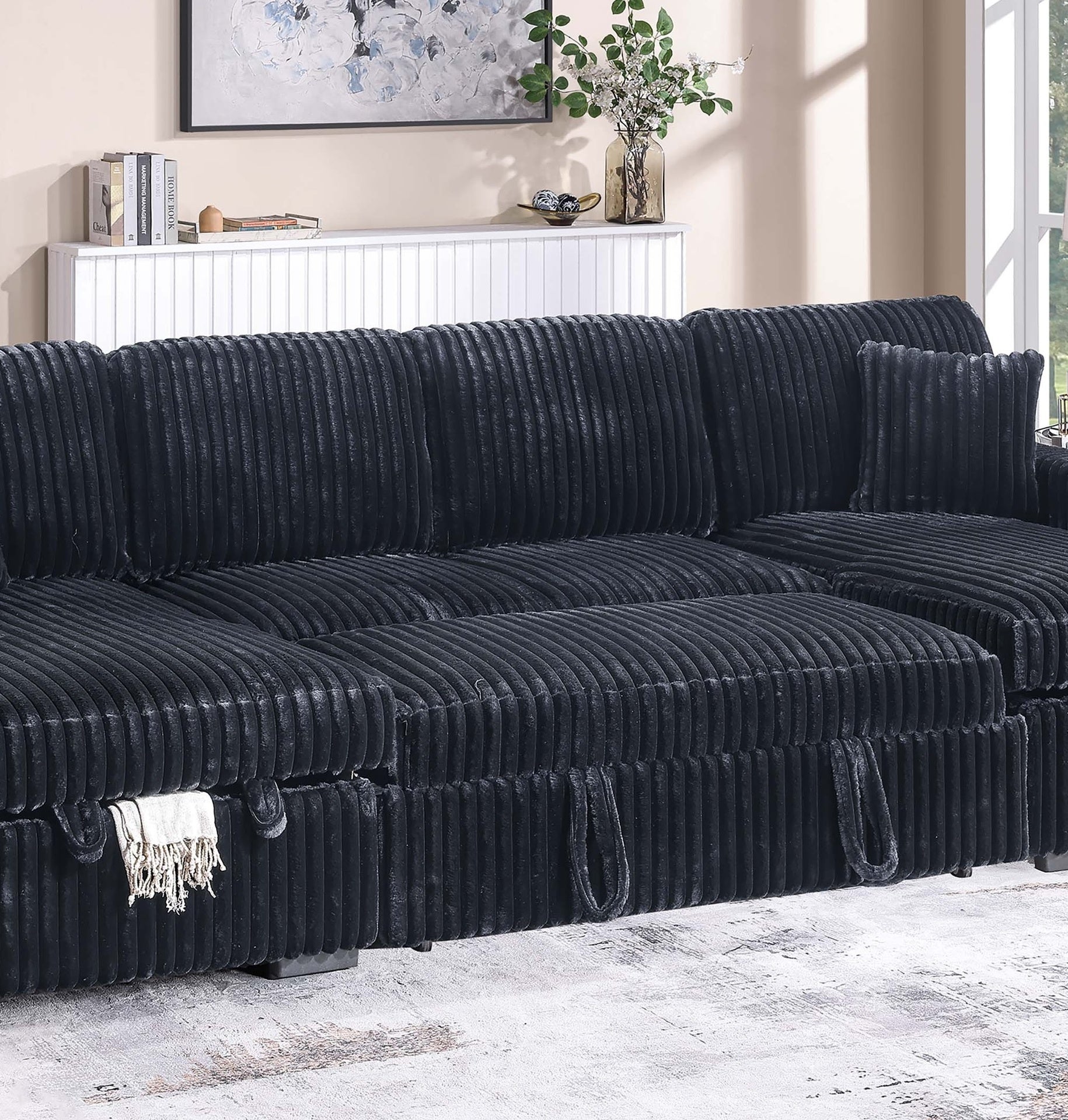 Modern Style Convertible Sectional 3pc Corduroy Fabric Upholstered Sleeper Sofa Two Storage Chaises Black Finish Primary Living Room